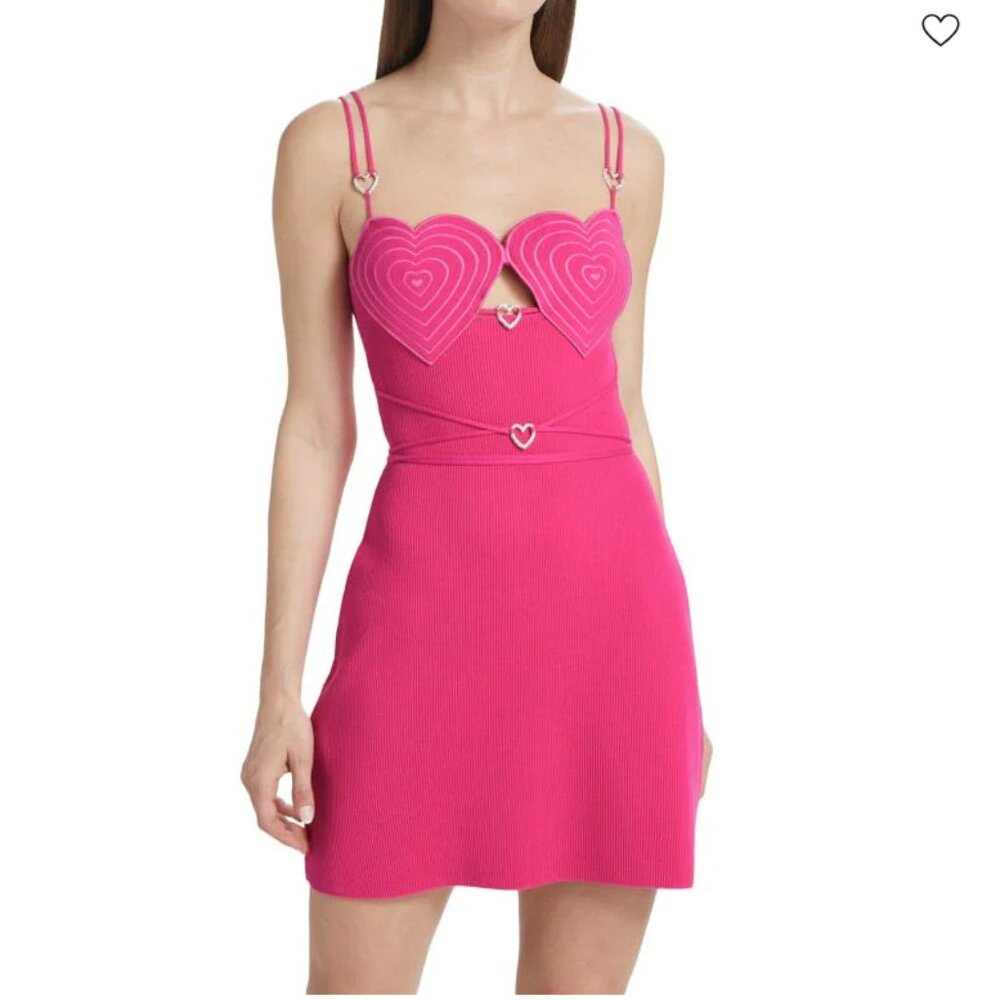 MACH & MACH Heart-Accented Rib-Knit Sheath Mini Dress in Fuchsia NWT